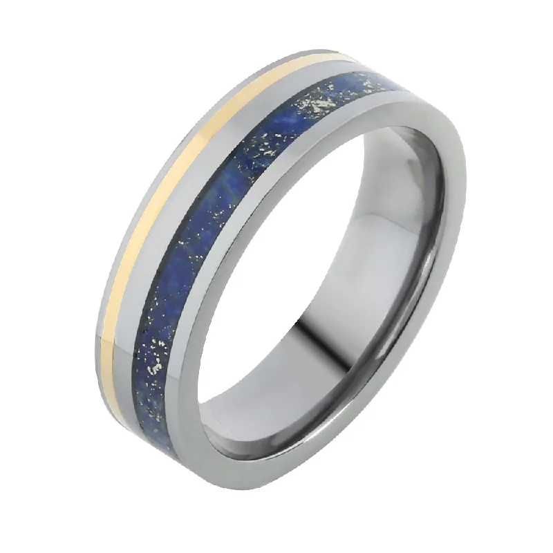 women's pre-engagement ring-Tantalum with 14K Yellow Gold and Lapis Lazuli Inlaid Wedding Ring Flat 6mm