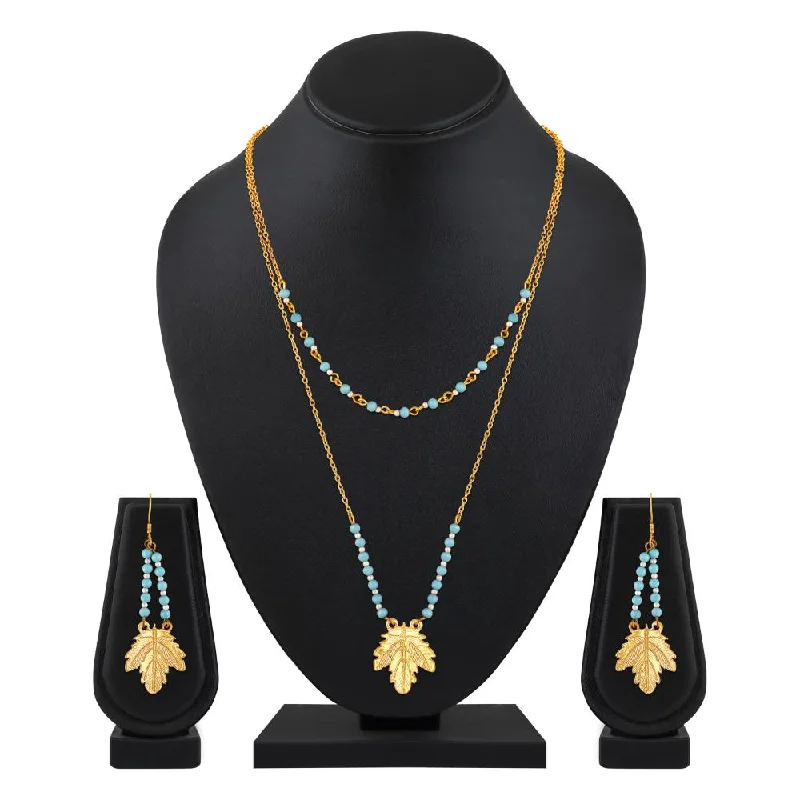 women's platinum necklace-Mahi Dual Layer Mapel Leaf Long Necklace Set with Artificial Beads for Women (NL1103841GBlu)