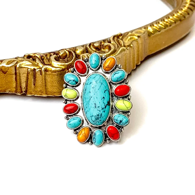 women's spiritual ring-Western Oval Faux Turquoise Stretch Ring in Multicolor