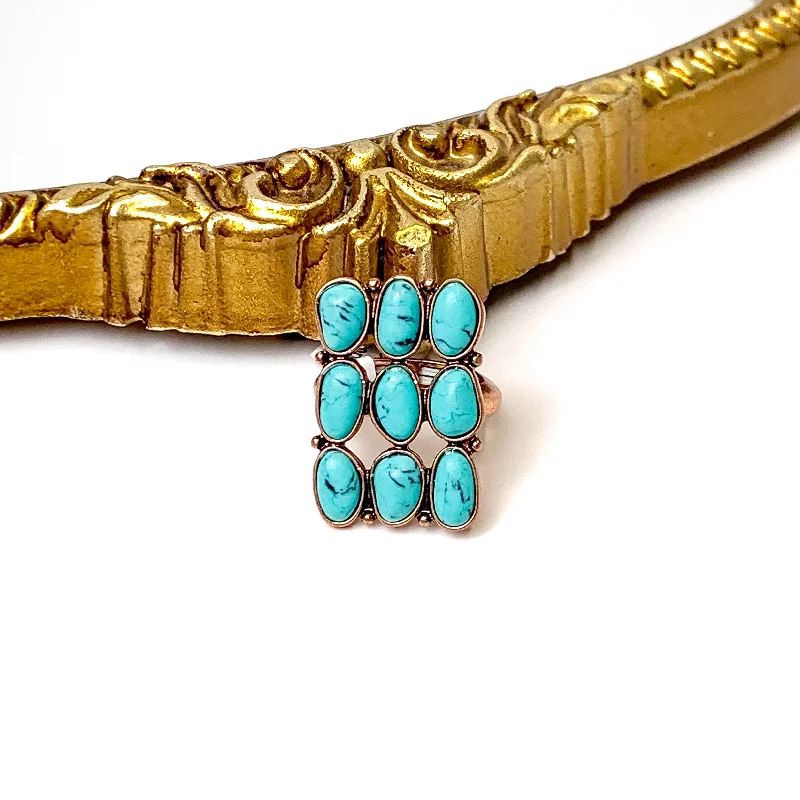 women's dainty ring-Copper Tone Western Nine Stone Stretchy Ring in Turquoise Blue