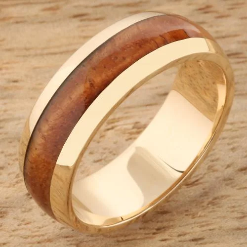 women's sun engagement ring-14K Yellow Gold Natural Koa Wood Oval Wedding Ring 7mm