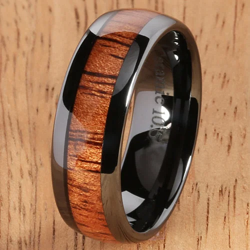 women's opal engagement ring-8mm Natural Hawaiian Koa Wood Inlaid High Tech Black Ceramic Oval Wedding Ring