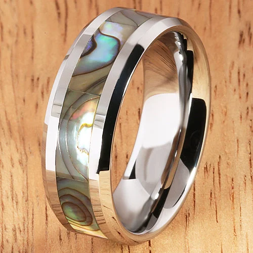 women's dainty engagement ring-8mm Abalone Shell Inlaid Tungsten Beveled Edge Wedding Ring