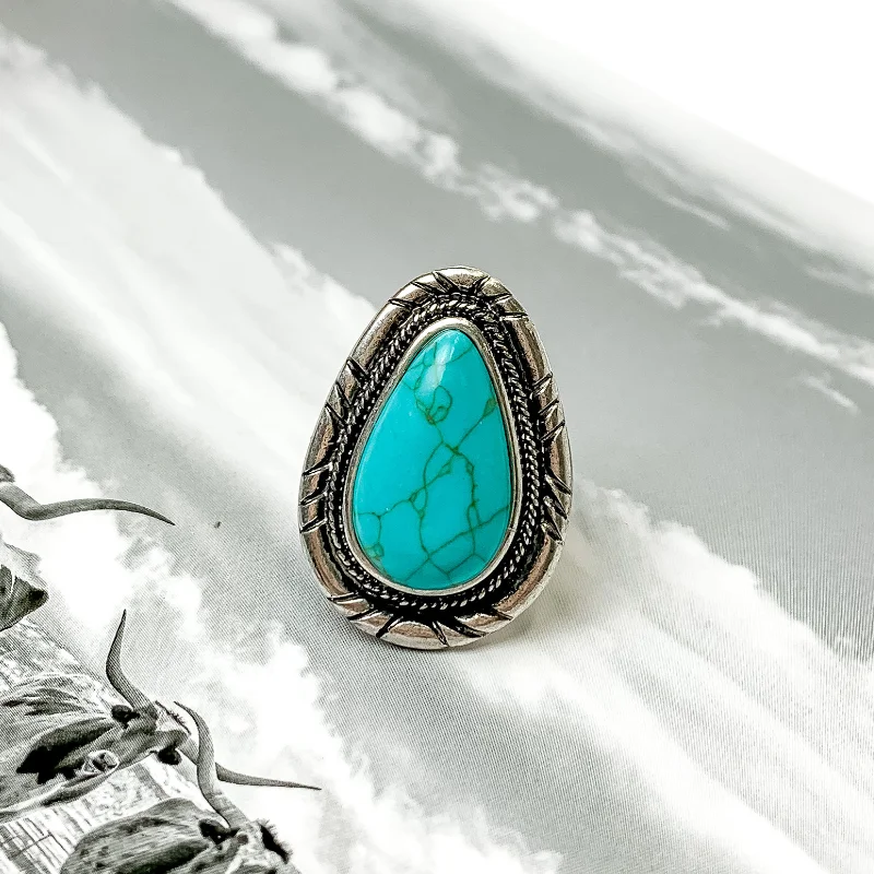 women's casual ring-Silver Tone Teardrop Cuff Ring with Center Faux Stone in Turquoise