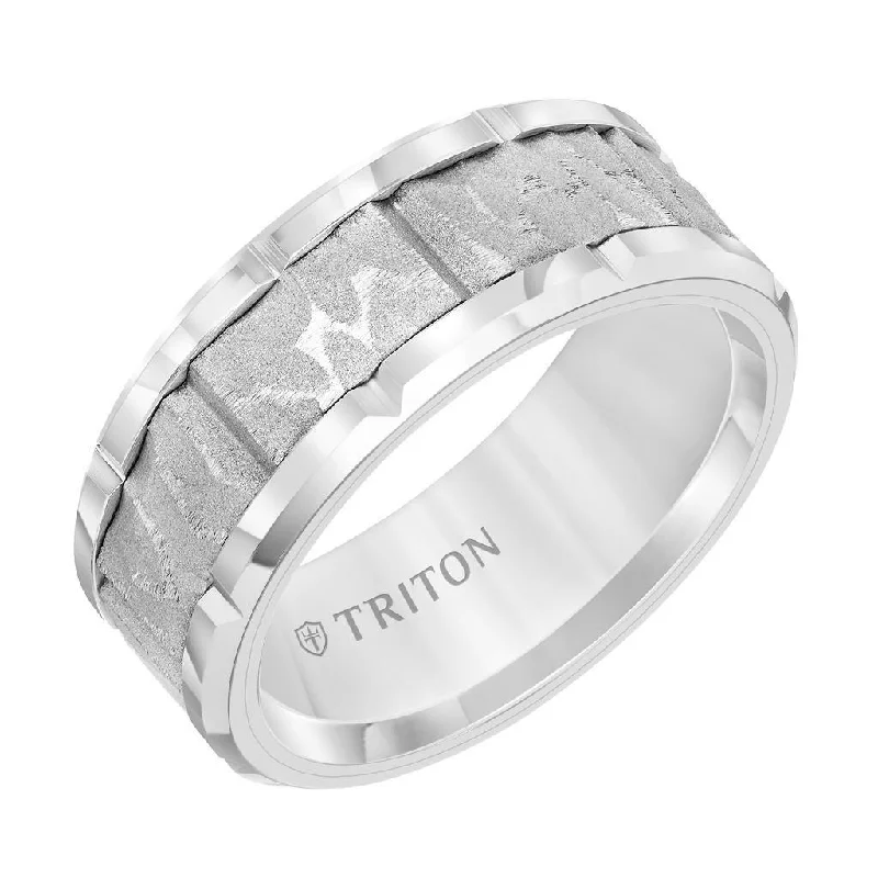 women's solitaire engagement ring-AEOLIAN White Tungsten Textured Sandblasted Center Wedding Ring with Polished Edges & Cut Accents by Triton Rings - 9mm