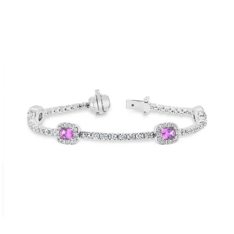 women's heart necklace-Uneek Precious Collection Halo Cushion Cut Pink Sapphire Link Bracelet