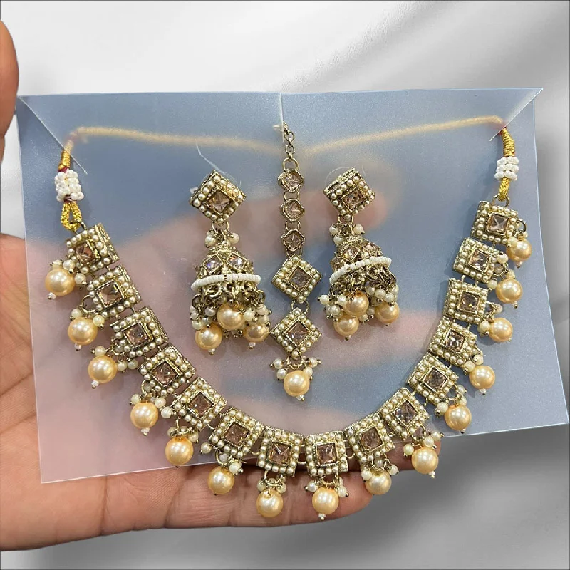 women's best friend necklace-Hira Collections Gold Plated Crystal Stone And Pearl Necklace Set