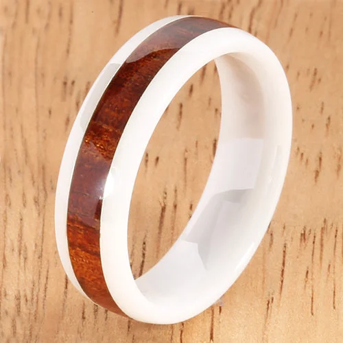 women's round-cut engagement ring-6mm Natural Hawaiian Koa Wood Inlaid High Tech White Ceramic Oval Wedding Ring