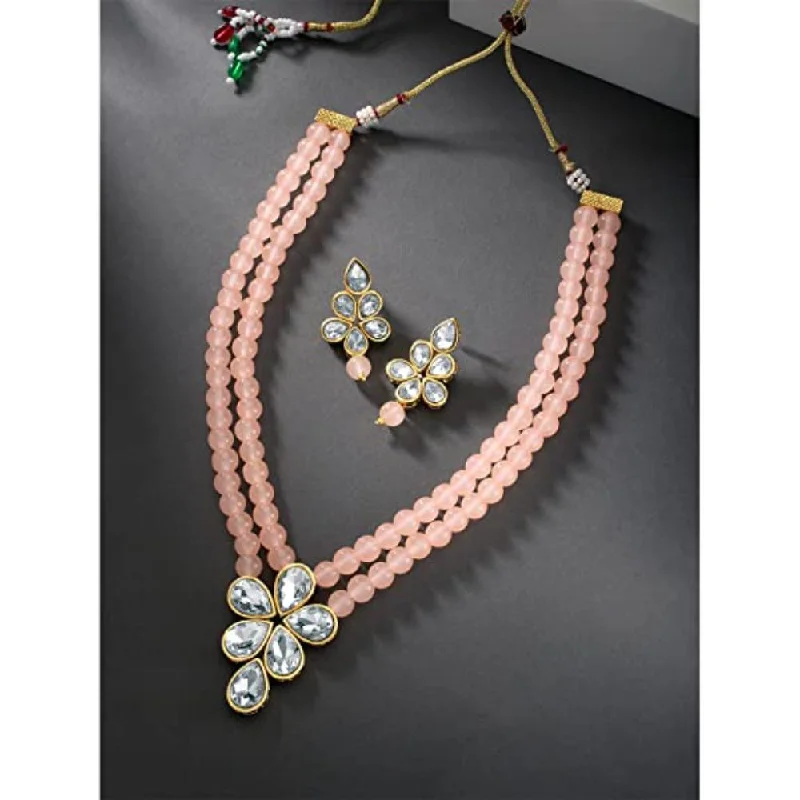 women's quartz necklace-Etnico Gold Plated Traditional Kundan & Pearl Studded Necklace Jewellery Set For Women (ML311) (Peach)