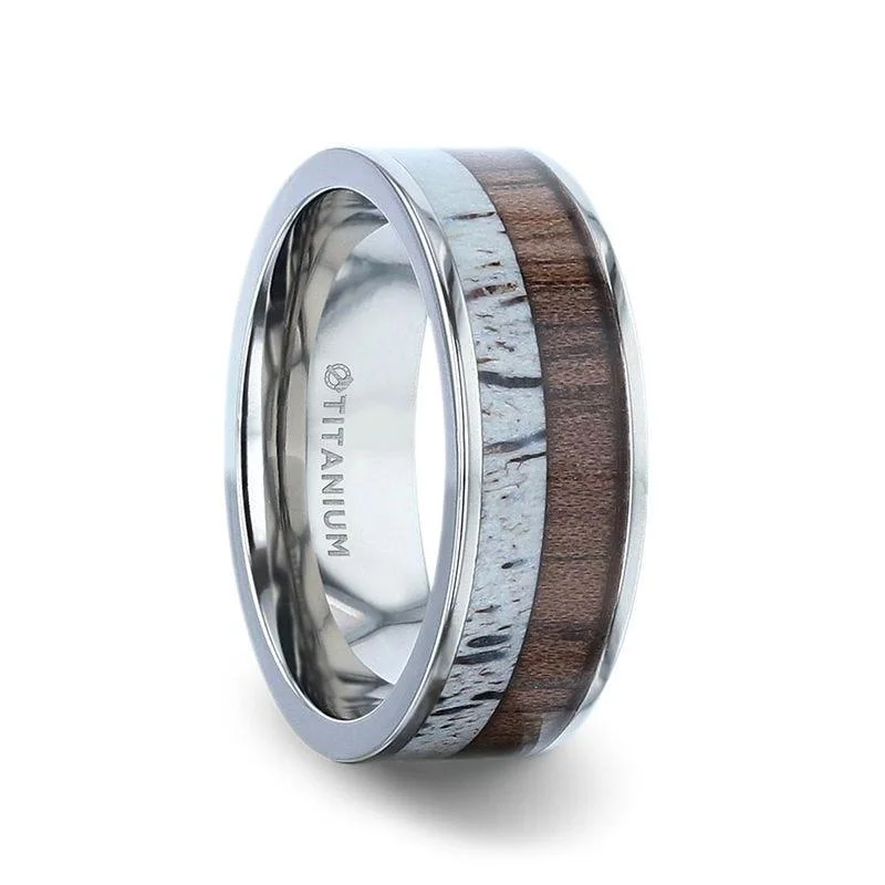 women's skull engagement ring-DARBY Titanium Polished Finish Flat Men's Wedding Ring With Deer Antler And Black Walnut Wood Inlay - 8mm