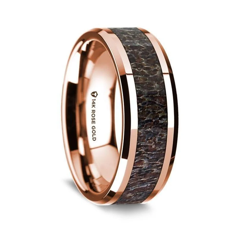 women's diamond engagement ring-14K Rose Gold Polished Beveled Edges Wedding Ring with Dark Deer Antler Inlay - 8 mm