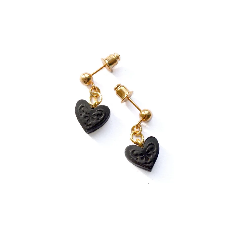 women's rose gold ring-SWEET BLACK HEART . drop studs