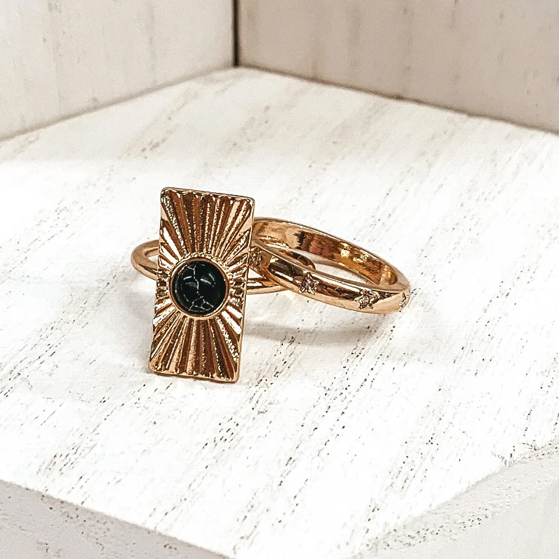 women's prong setting ring-Set of 2 | Rectangle Shaped Sunburst Gold Tone Ring Set with Center Stone in Black