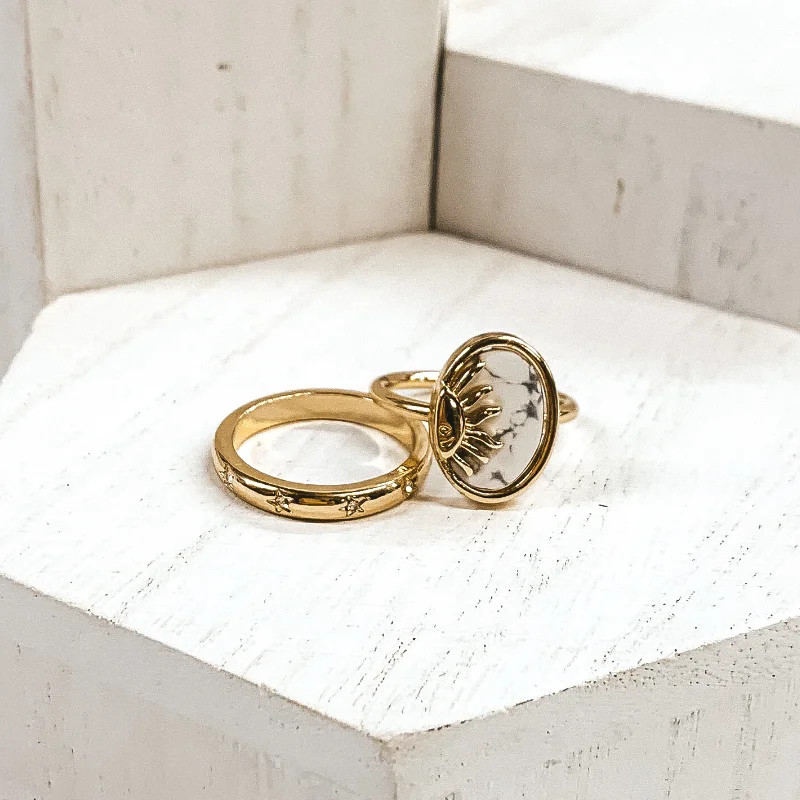 women's skull ring-Set of 2 | Oval Semi Precious Stone Pendant Gold Tone Ring Set in White