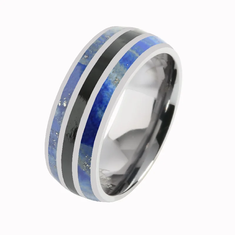 women's ethically sourced engagement ring-Tantalum with Lapis Lazuli and Onyx Inlaid Wedding Ring Barrel 8mm