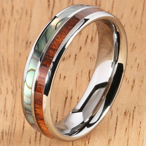 women's heirloom engagement ring-Koa Wood Abalone Tungsten Two Tone Wedding Ring Half Wood/Shell 6mm Barrel Shape Hawaiian Ring