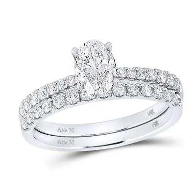 women's wide band engagement ring-14K WHITE GOLD OVAL DIAMOND BRIDAL WEDDING RING SET 1-1/5 CTTW (CERTIFIED)