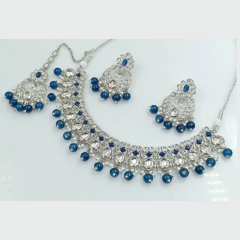 women's crystal necklace-Rani Sati Jewels Silver Plated Kundan And Pearl Necklace Set