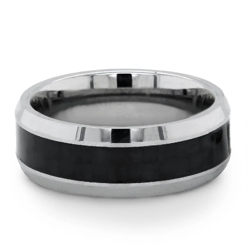 women's handcrafted gemstone engagement ring-MENS TUNGSTEN WEDDING RING WITH BLACK CARBON INLAY