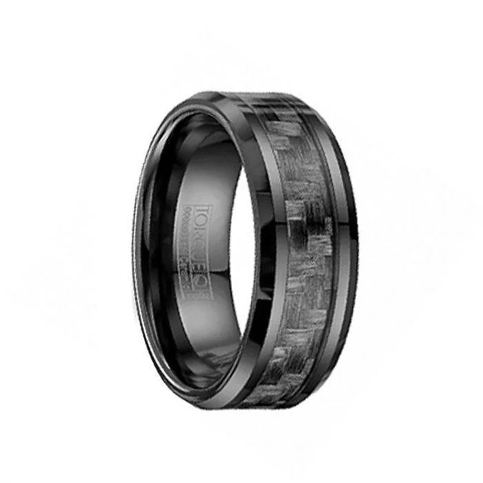 women's handcrafted engagement ring-Beveled Black Ceramic Wedding Ring With Black Carbon Fiber Inlay - 8mm