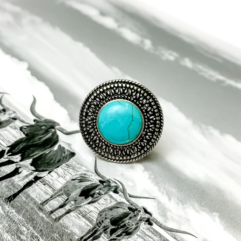 women's formal ring-Silver Tone Circle Cuff Ring with Center Faux Stone in Turquoise