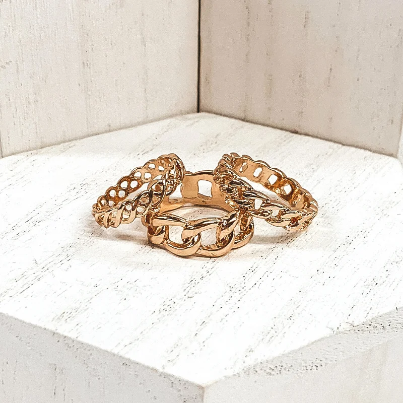 women's princess cut ring-Set of 3 | Multi Chain Ring Set in Gold Tone