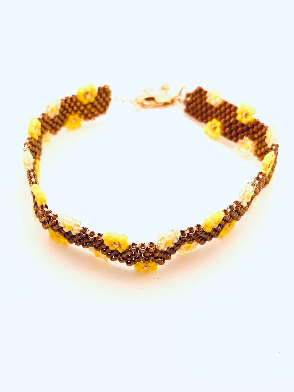 women's Valentine’s Day necklace-Beaded Flower Edge Bracelet, Yellow and Bronze