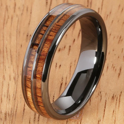 women's pear-shaped engagement ring-6mm Natural Hawaiian Koa Wood Inlaid High Tech Black Ceramic Double Row Wedding Ring