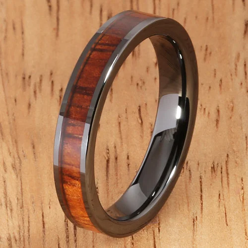 women's gold engagement ring-Natural Hawaiian Koa Wood Inlaid High Tech Black Ceramic Wedding Ring Flat 4mm Hawaiian Ring