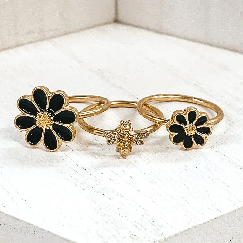 women's moissanite ring-Set of 3 | Bee and Flower Gold Tone Ring Set in Black