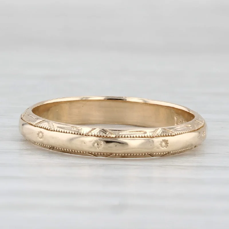 women's birthstone engagement ring-Art Deco Etched Band 14k Yellow Gold Stackable Wedding Ring