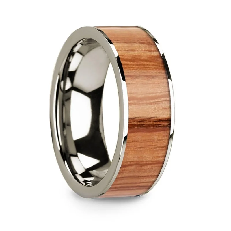 women's conflict-free engagement ring-Polished Flat 14k White Gold Men’s Wedding Ring with Red Oak Wood Inlay - 8mm