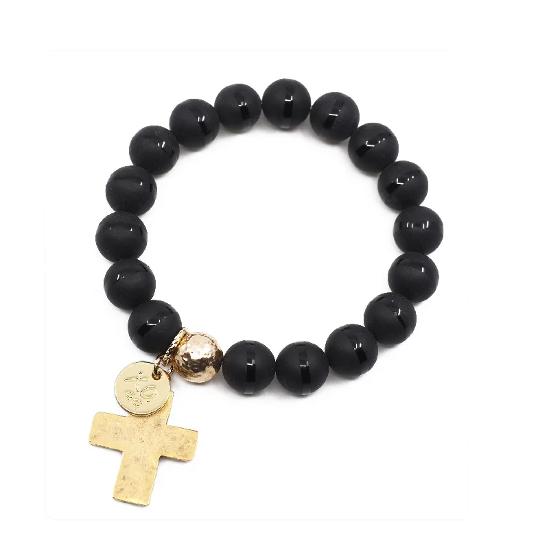 women's open circle necklace-The Luna Bracelet in Black Onyx with Cross