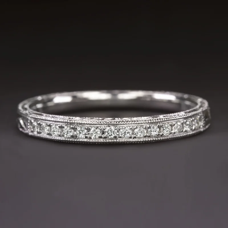 women's sun engagement ring-VINTAGE STYLE DIAMOND BAND WEDDING RING WHITE GOLD HAND ENGRAVED FLORAL CHANNEL