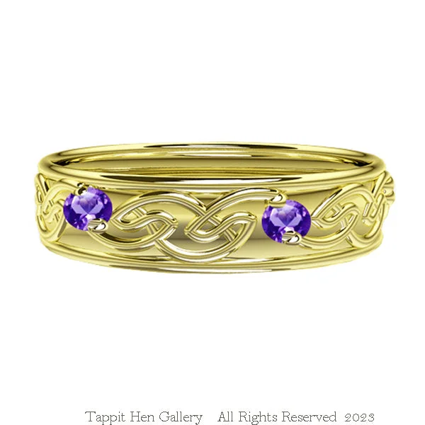 women's ethically sourced engagement ring-Celtic Flow Edinburgh Amethyst Wedding Ring in Yellow Gold