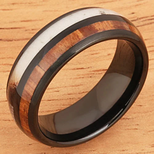 women's heart-shaped engagement ring-Koa Wood Ring  Antler Style Black Tungsten Wedding Ring 8mm Barrel Shape