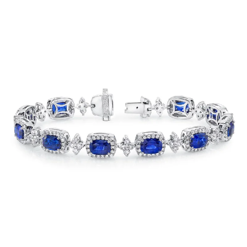 women's zodiac necklace-Uneek Cushion-Cut Sapphire Bracelet with Floret-Shaped Diamond Links