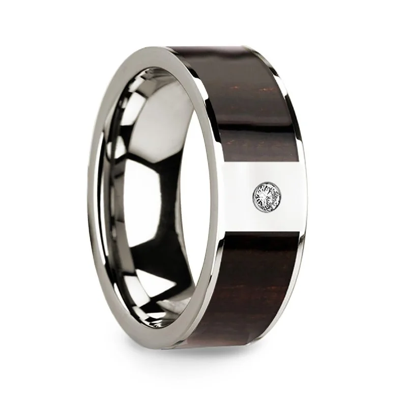 women's topaz engagement ring-Men’s Polished 14k White Gold & Ebony Wood Inlaid Wedding Ring with Diamond Center - 8mm