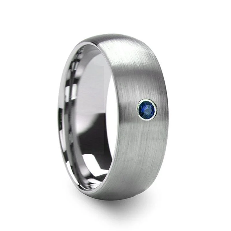 women's minimalist engagement ring-MELANTHIOS Men’s Domed Brushed Tungsten Wedding Ring with Blue Diamond Center - 6mm & 8mm