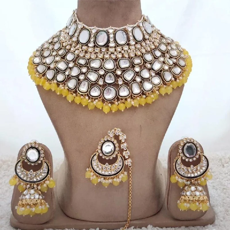 women's elegant necklace-Sai Fashion Gold Plated Kundan And Beads Necklace Set