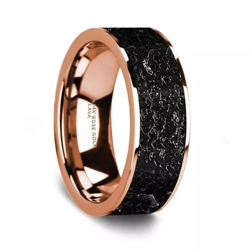 women's Hollywood-inspired engagement ring-Flat Polished 14K Rose Gold Wedding Ring with Lava Rock Inlay - 8 mm