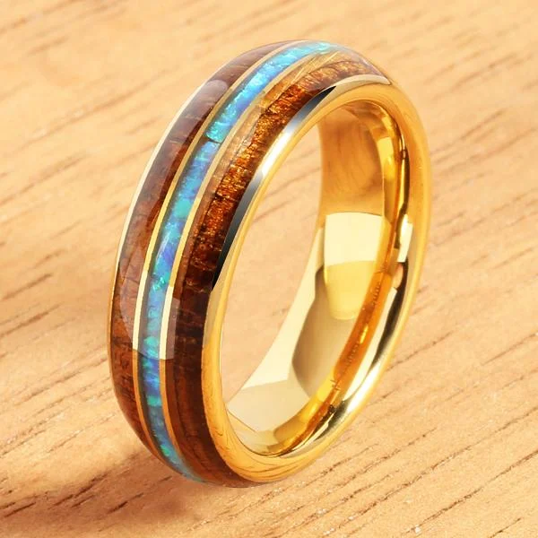 women's star engagement ring-6mm YG Plated Koa Wood Opal Tungsten Triple Row Wedding Ring