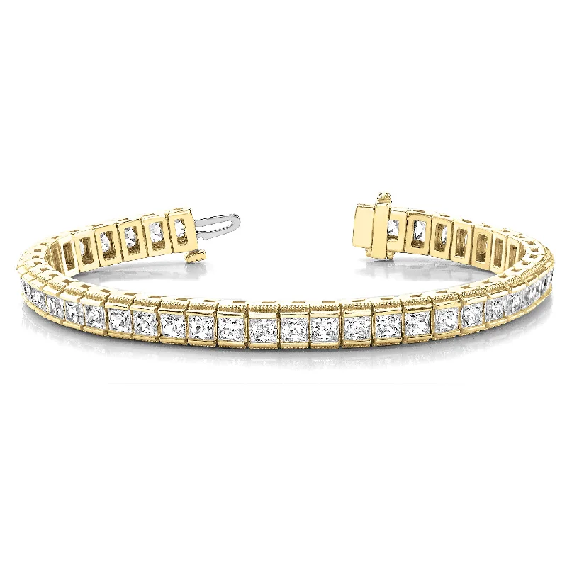 women's bar necklace-Channel Set 13.0 ctw Princess Cut Diamond Tennis Bracelet Milgrain Edges