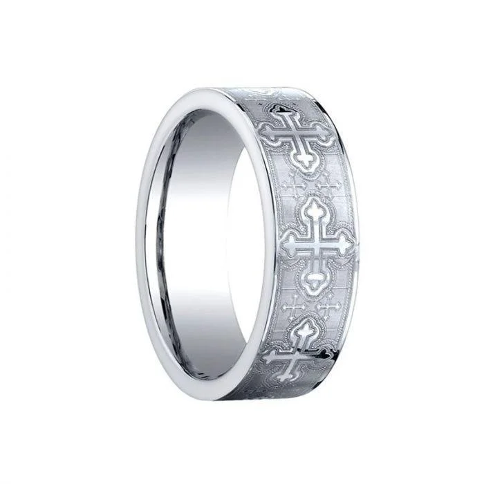 women's thin band engagement ring-BYZANTINE Benchmark Flat Cobalt Chrome Wedding Ring with Engraved Crosses - 7.5 mm