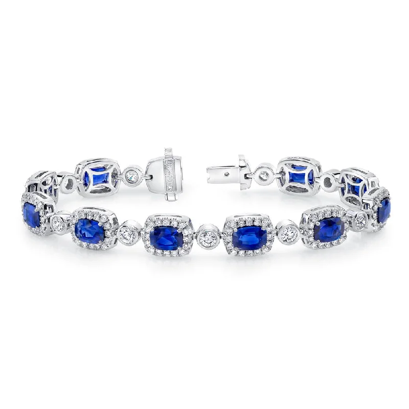 women's thick chain necklace-Uneek Cushion-Cut Sapphire Bracelet with Diamond Bezel Stations