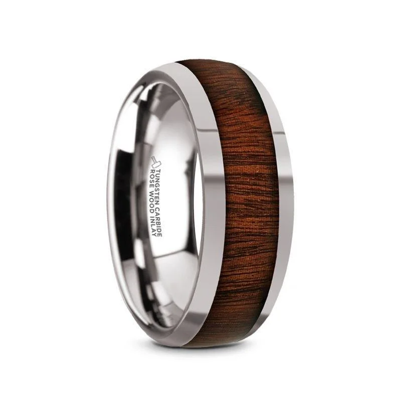 women's floral engagement ring-DALBERG Tungsten Carbide Rosewood Inlay Polished Finish Men’s Domed Wedding Ring - 8mm