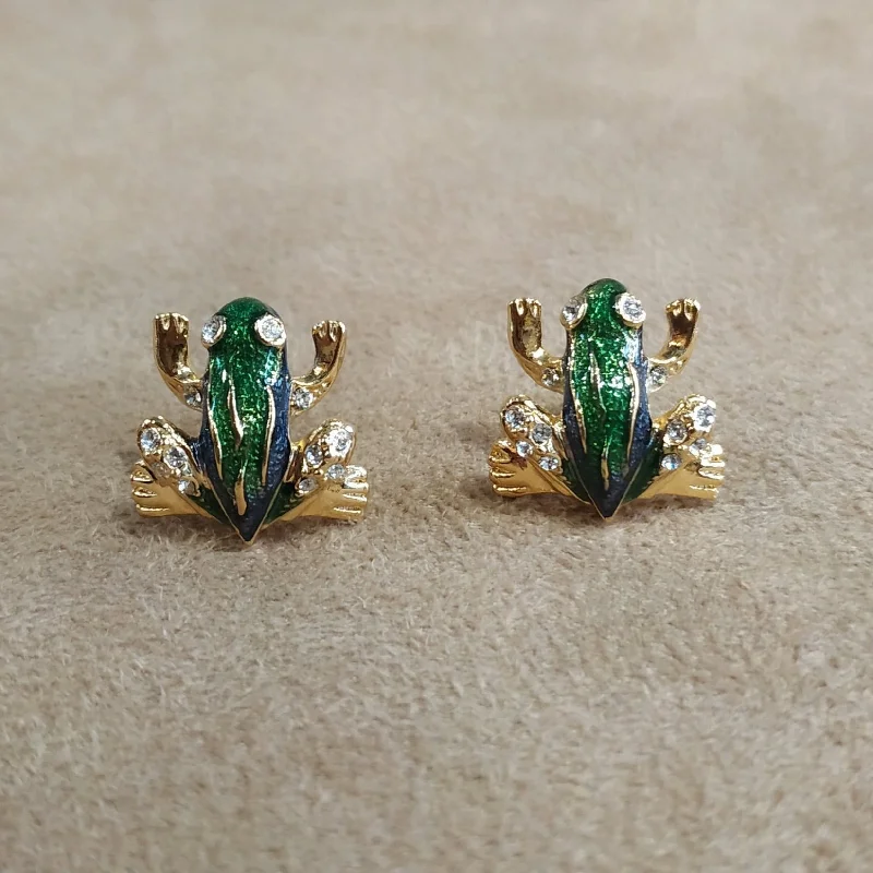 women's floral ring-Vintage small green frog studs