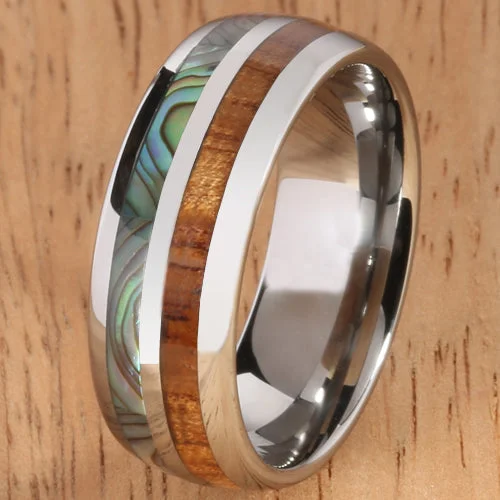 women's contemporary engagement ring-Koa Wood Abalone Tungsten Two Tone Mens Wedding Ring Half Wood/Shell 8mm Barrel Shape Hawaiian Ring