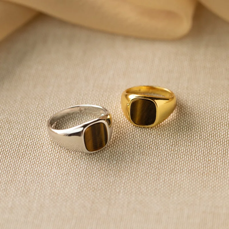 women's thin band ring-Tigers Eye Signet Ring