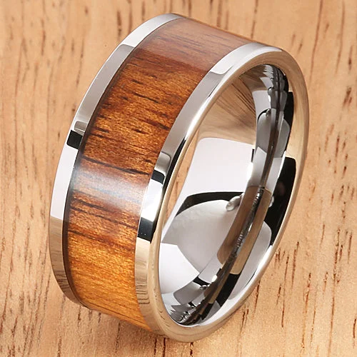 women's Edwardian engagement ring-10mm Natural Hawaiian Koa Wood Inlaid Tungsten Flat Wedding Ring